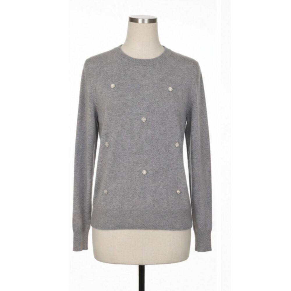 Quince 100% Mongolian Cashmere Gray Crewneck Sweater Rhinestones M